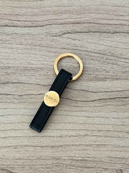 Gucci Handbags - Gucci Black Leather Key Ring with Gold Logo Disc